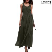 COD DSTGRTYTRUYUY ZANZEA Women Casual Full Length Sleeveless Elastic Waist Beach Flare Maxi Dress