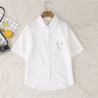 2021 Summer Women Blouses Bow Tie Shirts White Print Little bear Lapel Short Sleeve Tops Female Clothing Preppy Style JK Uniform