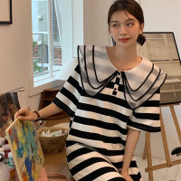 พร้อมส่ง ? Pretty zebra dress เดรสแถบสีขาวสลับดำแต่งปกคอหลายชั้น (IN37557)