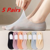 5 Pairs Silicone Anti-slip Invisible No Show Socks Summer Ultra-thin Breathable Slippers Solid Color Ice Silk Low Cut Boat Socks Socks Tights