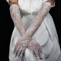 ○◎ JaneVini Elegant White Lace Bride Gloves for Women 55cm Long Full Finger Vintage Wedding Party Bridal Gloves Handschoenen Dames