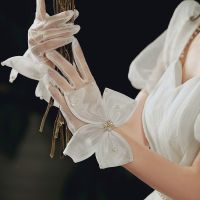 ♣✷✖ 2022 New Pearl Lace Bow Chiffon Wedding White Gloves Grace Short Finger Women Bridal Gloves Party Accessories Filming Props