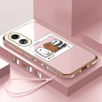 เคสโทรศัพท์เซลล์สำหรับ A58 OPPO 4G ฟรีสายคล้อง + ภาพยนตร์การ์ตูนน่ารักหมีลายขอบสี่เหลี่ยมเคสโทรศัพท์ชุบหรูหราชุบเคสโทรศัพท์นิ่ม