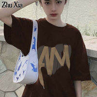 Zhu Xia เสื้อยืดแขนลำลองขาสั้นฉบับภาษาเกาหลีนักเรียน,เสื้อครึ่งแขนพิมพ์ลายตัวอักษรรักย้อนยุคสีน้ำตาล