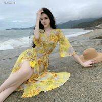 ?แฟนสาว ชุดชั้นใน ชุดนอนที่สวยงาม คอสเพลย์ชุดนอน The head girl exclusive yellow shirt printed dresses French amorous feelings summer dress