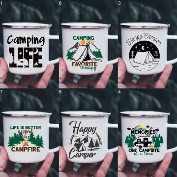 Happy Camping Enamel Cups Coffee Wine Mugs Handle Drinkware