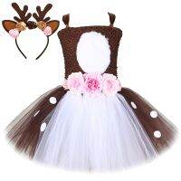 Flowers Deer Costume for Girls Reindeer Christmas Tutu Dress Kids Halloween Costumes Baby Girl Clothes Children Birthday Outfits