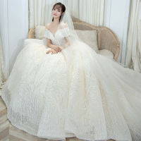 ชุด off-Shoulder Primary Wedding Dress Bride Trailing Starry Sky Simple Super Fairy Mori Style Dream Dress H889 ชุด แต่งงาน