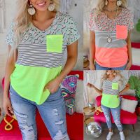 [COD] Cross-border 2023 summer new European and striped print short-sleeved round neck pocket splicing casual T-shirt women