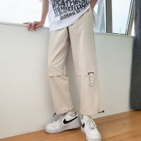 CODna68138 Summer Tie Feet Drawstring Thin Cargo Pants Men Fashion Straight Ankle Loose Mens Trousers Personality Design Style Casual Overalls for Man Streetwear Hip Hop Pant Male Youth Unisex Harajuku Work Trouser