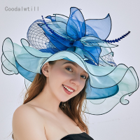 ผู้หญิงฤดูร้อน Organza หมวกกว้าง Brim Beach Sun หมวก Derby Party Veils Church Travel Fascinator หมวก Lady Kenducky Chapeau