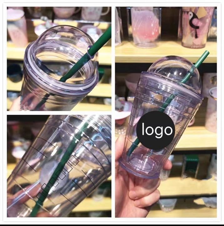 high-end-cups-ใสสองชั้นที่มีโลโก้ถ้วยกาแฟพลาสติก16ออนซ์สะดวกถ้วยแบบพกพาฟางถ้วยน้ำผลไม้ถ้วยน้ำถ้วยของขวัญ