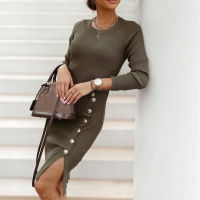 Autumn Winter Women Clothes Casual Elegant Sexy Slit Party Dresses Female Long Sleeve Basic Bodycon Knitted Midi Dress Robe 2021