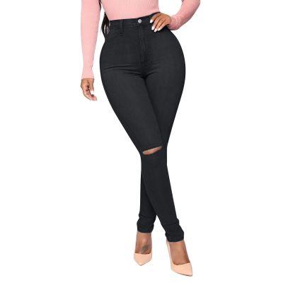 Celana Jeans Denim สำหรับผู้หญิงเอวสูงกางเกงกางเกงยีนส์กางเกงยีนส์ดินสอกระดุมเอวยืดขาดสูง