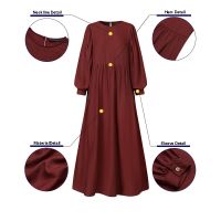 ZANZEA Women Long Puff Sleeve Solid Color Casual Plus Size Muslim Long Dress