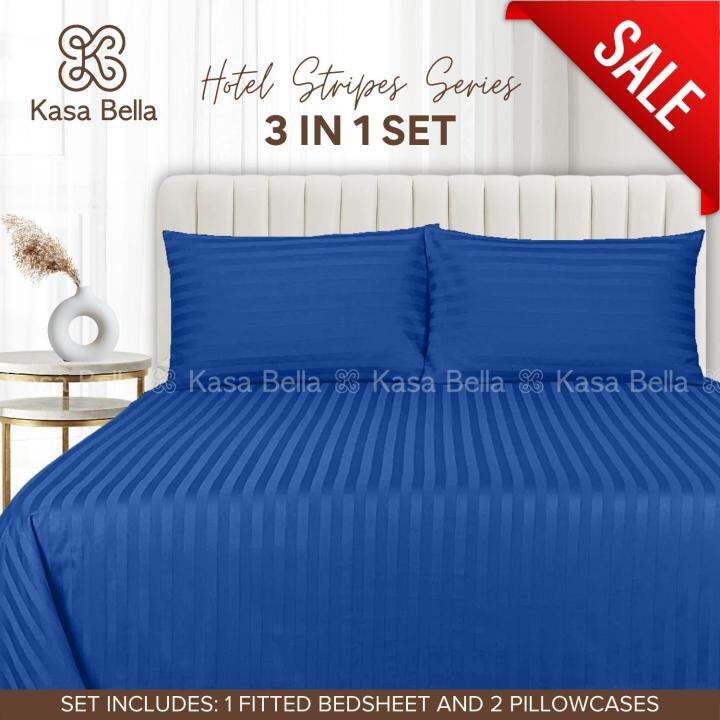 Kasa Bella Plain Blue 3 in1 Stripe Bedsheet and Pillowcase Set (1