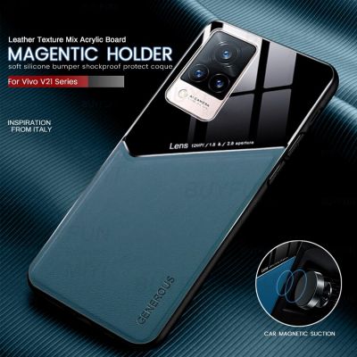 leather texture car magnetic suction holder back covers for vivo v21 v21e v 21 e 21e 2021 4g 5g tpu soft frame shockproof coque Car Mounts