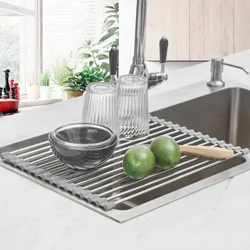 Folding Stainless Steel Dish Rack Sink Kitchen Drainers Roll Up Dish Dryer  For Fruit Vegetable Plate Red