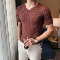 Davidson Slim V คอเสื้อยืดลำลอง Pullovers แฟชั่นแขนสั้นเสื้อถักส่วนล่าง