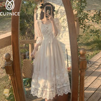 CUPNICE  Summer Lace Crisscross French Retro Midi Dress for Women Kawaii Backless Vintage White Dress ite Fairy Vestidos