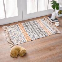 Bohemian Hand Woven Cotton Linen Carpet Rug Bedside Rug Woven Small Rug Anti-slip Mat Home Deco Sofa Decoration JS297C