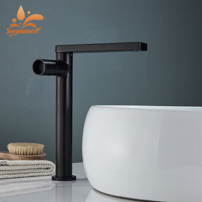 Suguword Bathroom Basin Faucet Nordic Matte Black Hot and Cold Water Mixer Tap for Vessel Sink Deck Mounted Bath Crane