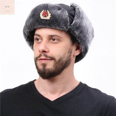 หมวกแก็ป ประดับขนเฟอร์เทียม กันน้ํา กันลม สไตล์รัสเซีย เหมาะกับฤดูหนาว ใช้งานกลางแจ้ง กับตราสัญลักษณ์โซเวียต