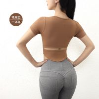 [COD] One-piece yoga with chest pad hollow fitness top summer thin sports short-sleeved womens tight elastic T-shirt