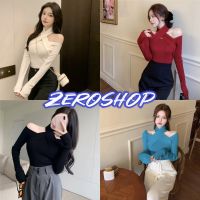 Zero shop?พร้อมส่ง?(Zero-U037) เสื้อไหมพรมเปิดไหล่ กันฟยาวแขนยาว แฟชั่น ดีเทลคล้องคอเก๋ๆ