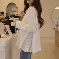 2022 New Spring Korean Loose Women T-shirt Long Sleeve Mid-Length Plain Straight Pleated Design White Basic Tshirt Fashion Tops