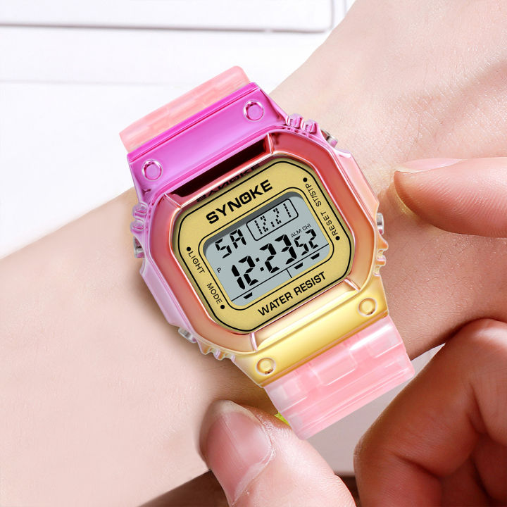 synoke-fashion-girls-women-watches-led-digital-wristwatch-electroplated-case-transparent-strap-colorful-wristwatch-reloj-mujer