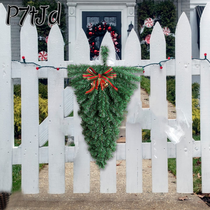p7tjd-พวงมาลัยสีเขียวประดิษฐ์รูปต้นคริสต์มาสกลับด้านได้-พวงหรีดวันคริสต์มาสของตกแต่งบ้านทำด้วยมือของขวัญประตูของขวัญวันหยุด