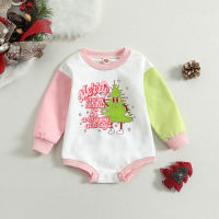 Christmas Baby Girls Boys Romper Letter Christmas Tree Print Round Neck Contrast Color Long Sleeve Jumpsuits Casual Bodysuits