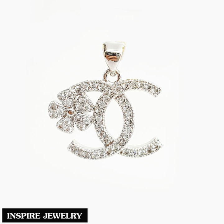 inspire-jewelry-จี้cn-รุ่นทัดดอกไม้-ฝังเพชรcz-งานจิวเวลลี่-หุ้มทองคำขาว-สวยหรู-พร้อมกล่องทอง