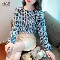 YIGE ฤดูใบไม้ร่วงใหม่แขนยาวหวาน Yinha เสื้อ Polka Dot เสื้อชีฟองผู้หญิง Design Sense Niche ฝาครอบท้องหลวมสบายๆ