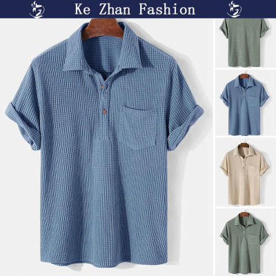 Ke Zhan Shor Sleev Shir Casua เสื้อ Lape เสื้อสีทึบเสื้อฤดูร้อนเสื้อเชิ้ตชายหาด