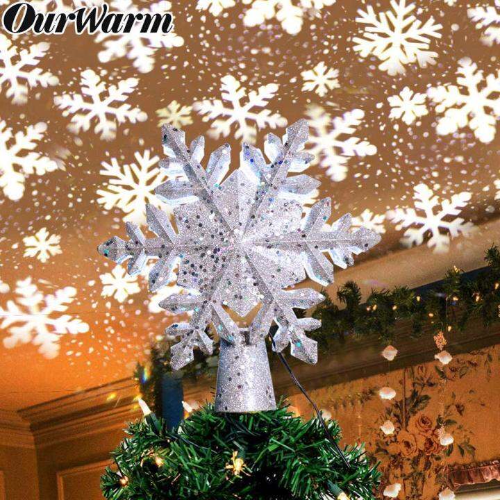 ourwarm-ที่ตกแต่งยอดต้นคริสมาสต์ส่องสว่างด้วยโปรเจคเตอร์เกล็ดหิมะสีขาวหมุนได้3d-แสงแวววาวการตกแต่งคริสต์มาสสำหรับต้นไม้