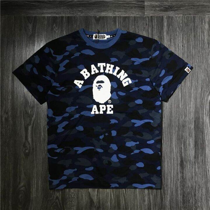 เสื้อยืดคู่รักญี่ปุ่น-bape-แขนสั้น5แถบผู้ชาย-เสื้อยืดคู่กันหัวลายพราง-velcro-ผ้าฝ้ายขนาดใหญ่บริสุทธิ์