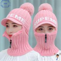 HAHFD หญิง Windproof ฤดูหนาวที่อบอุ่น หมวกถักไหมพรม Beanies Caps ชุดหมวกผ้าพันคอ หมวก Pompoms