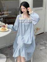 High-end Original Sweet lace edge square neck long-sleeved nightgown for women 2023 new spring and autumn cute princess style home clothes