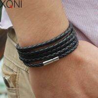 【A HOT】 XQNI ยี่ห้อ Black Retro Wrap สร้อยข้อมือหนังยาวผู้ชายกำไล Sproty Chain Link ชาย Charm 5รอบ