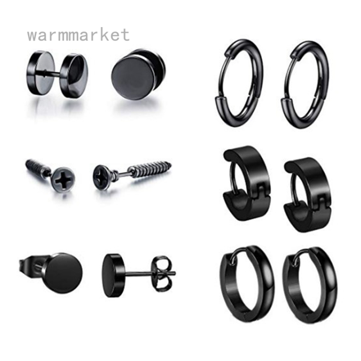 warmmarket-6pairsset-stainless-steel-stud-earrings-for-men-hoop-earrings-piercing-black-dumbbell-stud-earring-set