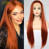 Voguequeen Copper Red Synthetic Lace Front Wig Silky Straight Heat Resistant Fiber Daily Wear For Women Wig  Hair Extensions Pads