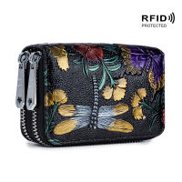 RFID Fashion Women Card Holder Split Leather Double Zipper Card Case Large Capacity 3D Flower Printed Lady Women Wallets Purse