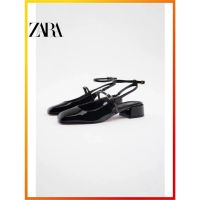 ZARAˉAutumn New Womens Shoes Black Thick Heel Open Heel Round Head Flat Shoes 2258010 800