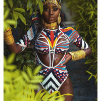 New African Tribal Swimsuit One Piece Swimsuit Totem Print Swimwear Women High Cut Out Monokini Long Sleeve Beach Swim Suit