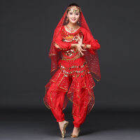 Women Dance Clothes Sari Belly Dance Costume Set Bollywood Indian Pants Costume (รวมเสื้อ,เข็มขัด,กางเกงและผ้าคลุมหน้า)...