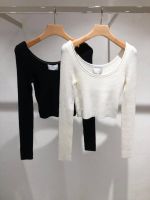 23 Autumn/Winter New One Line Neck Off Shoulder Slim Fit Long Sleeve Knitwear Womens Pullover Slim Fit Bottom Top