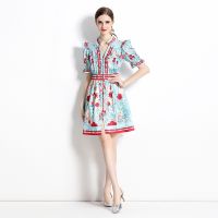 Women New Dress Real Shot  Flower Print  Midi Dress Short Sleeve A- Line DRESS