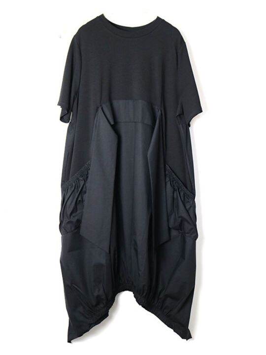 xitao-dress-irregular-patchwork-casual-tassels-dress-short-sleeve-draped-loose-t-shirt-dress